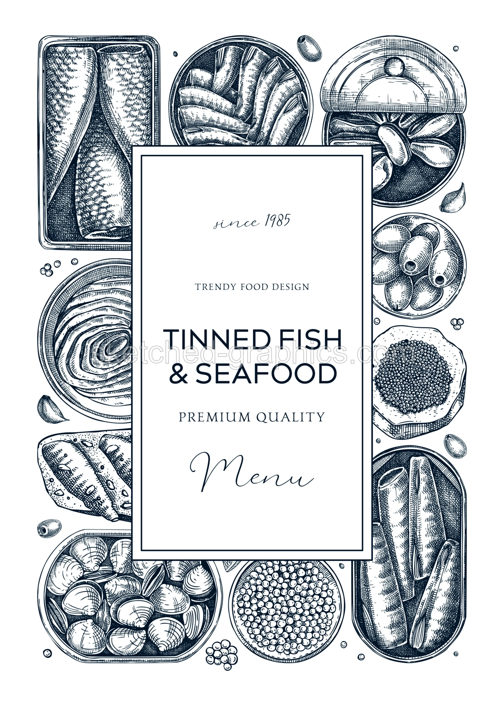Tinned fish board frame design. Seafood background with hand-drawn sardines, anchovy, mackerel, tuna, mussels in tin cans, fish canape drawings. Healthy food banner with tinned fish sketches.  Illustration